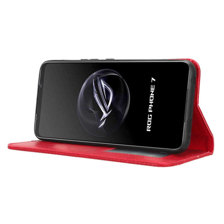 For Asus ROG Phone 7 5G Retro PU Leather Cover Stand Wallet Magnetic Closure Mobile Phone Case - Red
