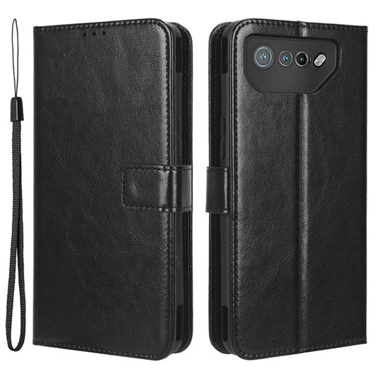 Stand Case for Asus ROG Phone 7 5G Scratch Proof Crazy Horse Texture Wallet PU Leather Phone Cover - Black