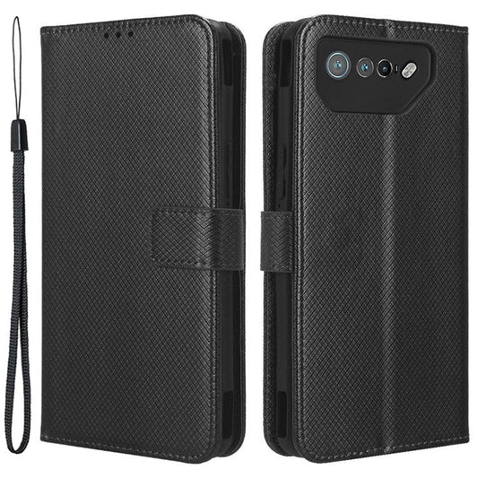 Phone Cover for Asus ROG Phone 7 5G Diamond Texture Phone Case PU Leather Stand Wallet Shell - Black