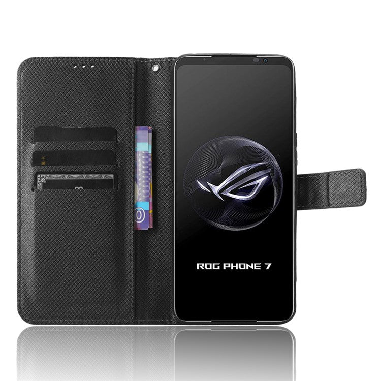 Phone Cover for Asus ROG Phone 7 5G Diamond Texture Phone Case PU Leather Stand Wallet Shell - Black