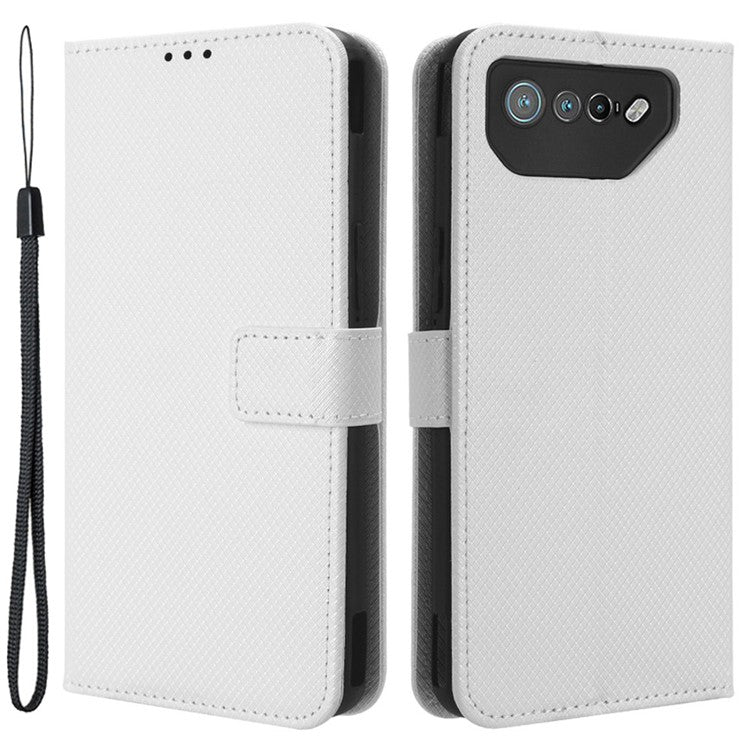 Phone Cover for Asus ROG Phone 7 5G Diamond Texture Phone Case PU Leather Stand Wallet Shell - White