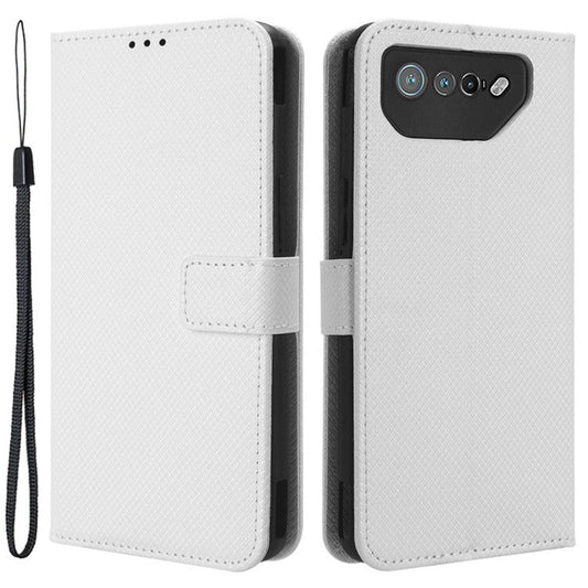 Phone Cover for Asus ROG Phone 7 5G Diamond Texture Phone Case PU Leather Stand Wallet Shell - White