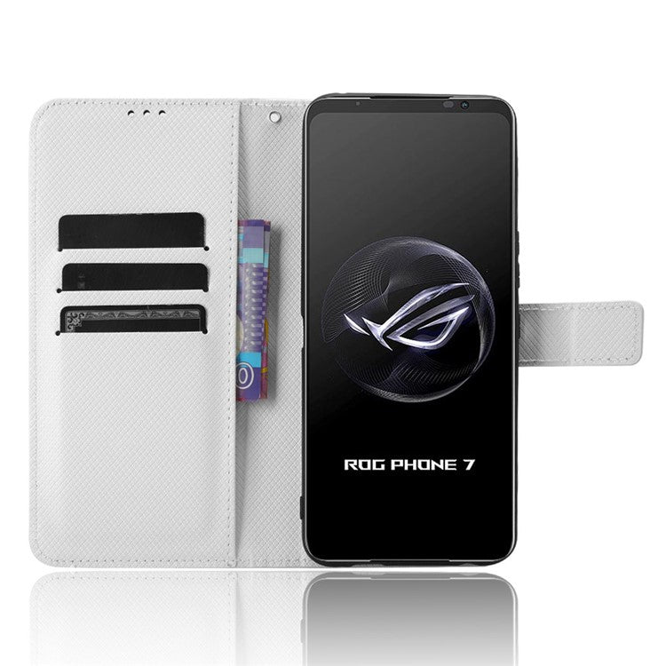 Phone Cover for Asus ROG Phone 7 5G Diamond Texture Phone Case PU Leather Stand Wallet Shell - White