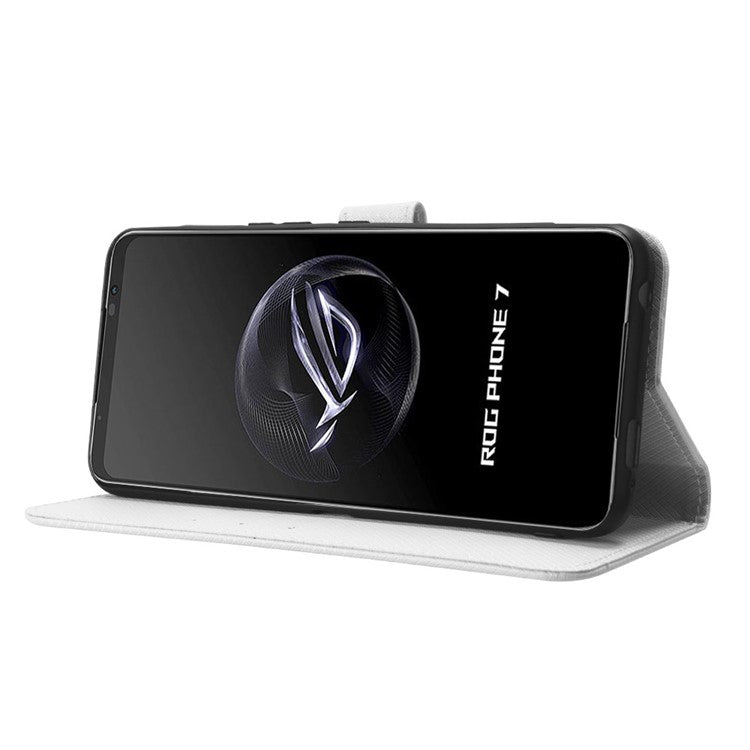 Phone Cover for Asus ROG Phone 7 5G Diamond Texture Phone Case PU Leather Stand Wallet Shell - White
