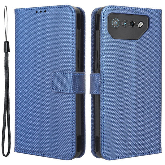 Phone Cover for Asus ROG Phone 7 5G Diamond Texture Phone Case PU Leather Stand Wallet Shell - Blue