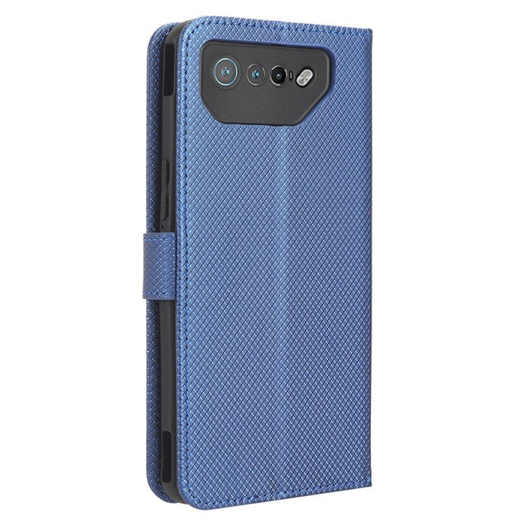 Phone Cover for Asus ROG Phone 7 5G Diamond Texture Phone Case PU Leather Stand Wallet Shell - Blue