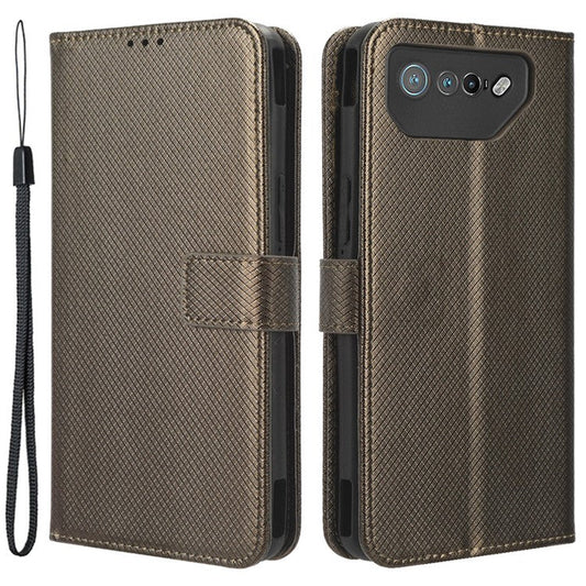 Phone Cover for Asus ROG Phone 7 5G Diamond Texture Phone Case PU Leather Stand Wallet Shell - Brown