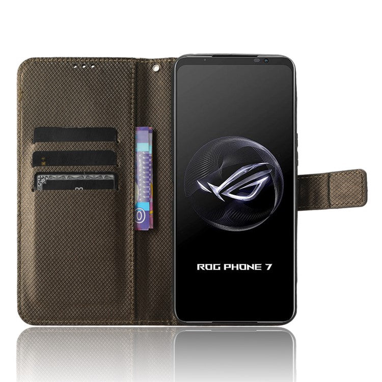 Phone Cover for Asus ROG Phone 7 5G Diamond Texture Phone Case PU Leather Stand Wallet Shell - Brown