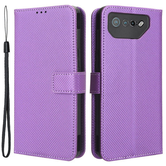 Phone Cover for Asus ROG Phone 7 5G Diamond Texture Phone Case PU Leather Stand Wallet Shell - Purple