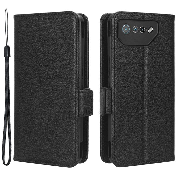 For Asus ROG Phone 7 5G Flip Stand Phone Shell PU Leather Wallet Anti-drop Case Litchi Texture Phone Cover - Black