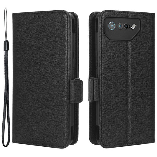For Asus ROG Phone 7 5G Flip Stand Phone Shell PU Leather Wallet Anti-drop Case Litchi Texture Phone Cover - Black