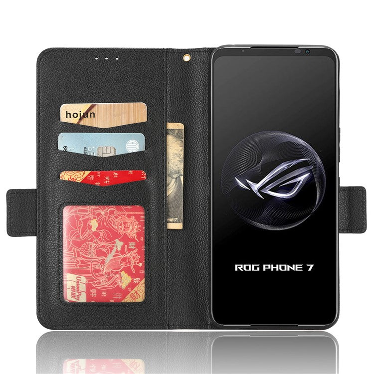 For Asus ROG Phone 7 5G Flip Stand Phone Shell PU Leather Wallet Anti-drop Case Litchi Texture Phone Cover - Black