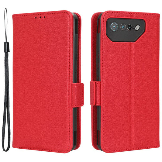 For Asus ROG Phone 7 5G Flip Stand Phone Shell PU Leather Wallet Anti-drop Case Litchi Texture Phone Cover - Red
