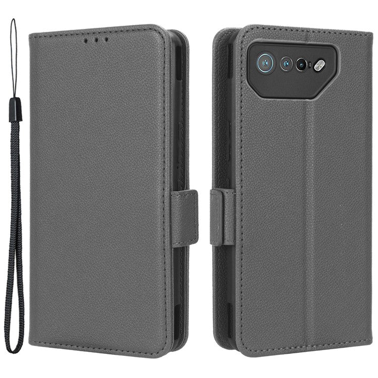 For Asus ROG Phone 7 5G Flip Stand Phone Shell PU Leather Wallet Anti-drop Case Litchi Texture Phone Cover - Grey
