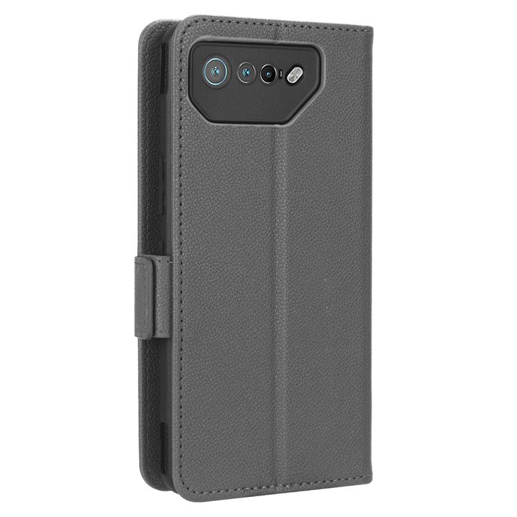 For Asus ROG Phone 7 5G Flip Stand Phone Shell PU Leather Wallet Anti-drop Case Litchi Texture Phone Cover - Grey