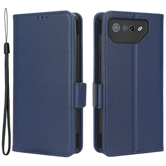 For Asus ROG Phone 7 5G Flip Stand Phone Shell PU Leather Wallet Anti-drop Case Litchi Texture Phone Cover - Dark Blue