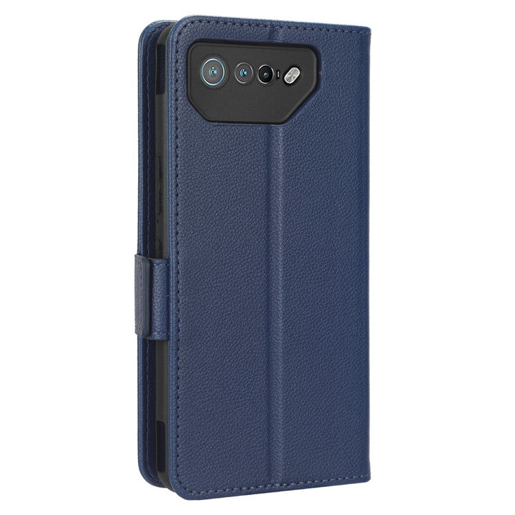 For Asus ROG Phone 7 5G Flip Stand Phone Shell PU Leather Wallet Anti-drop Case Litchi Texture Phone Cover - Dark Blue