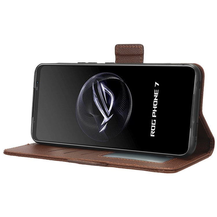 For Asus ROG Phone 7 5G Flip Stand Phone Shell PU Leather Wallet Anti-drop Case Litchi Texture Phone Cover - Brown