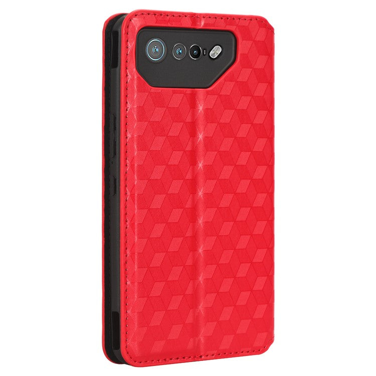 For Asus ROG Phone 7 5G Cell Phone Case Imprinted Rhombus PU Leather Wallet Stand Flip Cover - Red