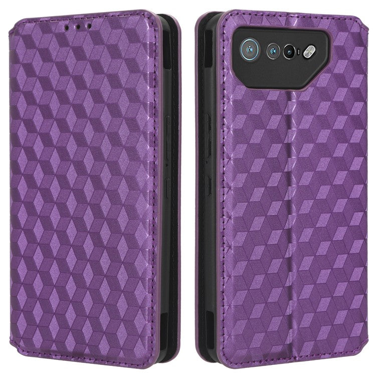 For Asus ROG Phone 7 5G Cell Phone Case Imprinted Rhombus PU Leather Wallet Stand Flip Cover - Purple
