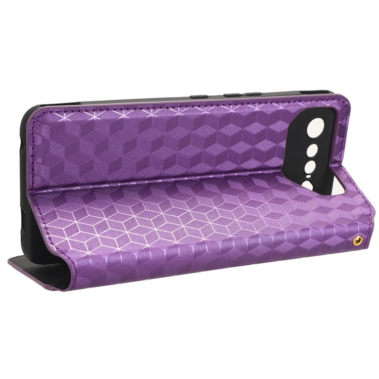 For Asus ROG Phone 7 5G Cell Phone Case Imprinted Rhombus PU Leather Wallet Stand Flip Cover - Purple