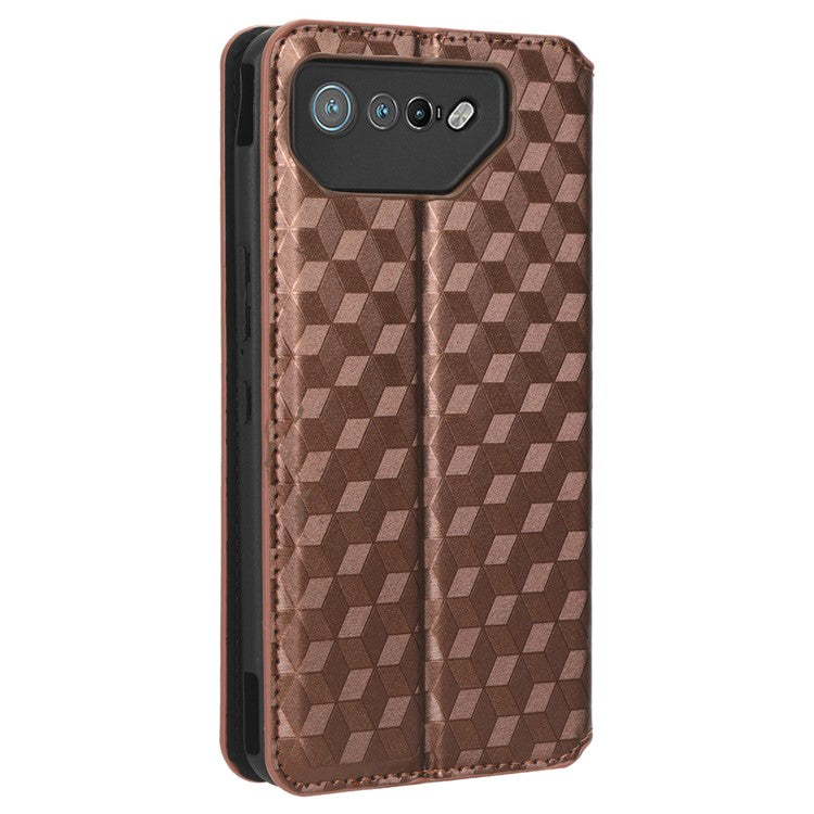 For Asus ROG Phone 7 5G Cell Phone Case Imprinted Rhombus PU Leather Wallet Stand Flip Cover - Brown