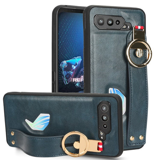 For Asus ROG Phone 5 ZS673KS Wristband Kickstand Cell Phone Cover PU Leather Coated PC+TPU Back Case with Neck Strap - Blue