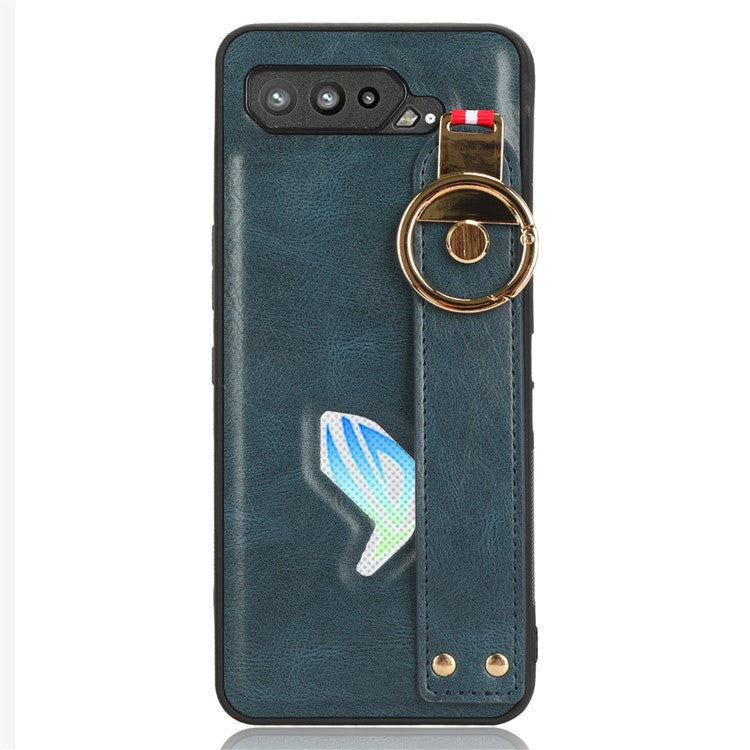 For Asus ROG Phone 5 ZS673KS Wristband Kickstand Cell Phone Cover PU Leather Coated PC+TPU Back Case with Neck Strap - Blue