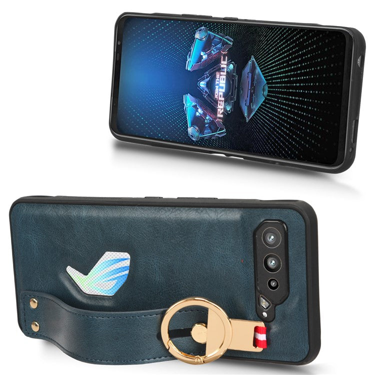 For Asus ROG Phone 5 ZS673KS Wristband Kickstand Cell Phone Cover PU Leather Coated PC+TPU Back Case with Neck Strap - Blue