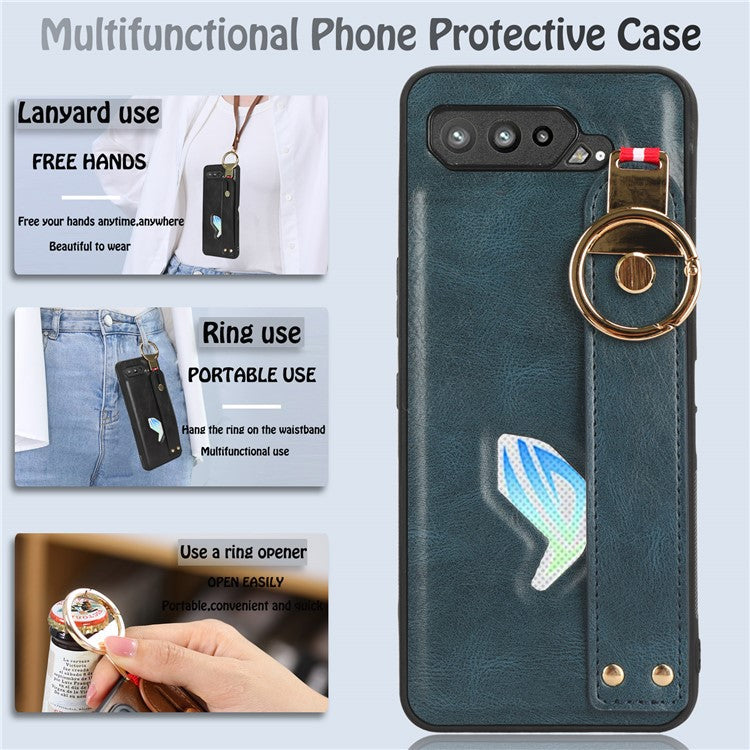 For Asus ROG Phone 5 ZS673KS Wristband Kickstand Cell Phone Cover PU Leather Coated PC+TPU Back Case with Neck Strap - Blue