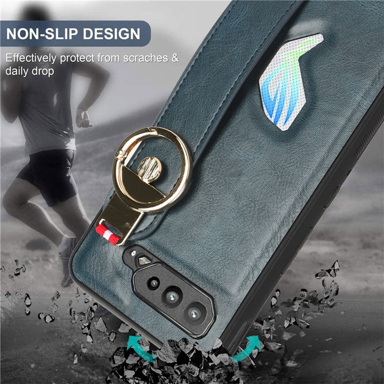 For Asus ROG Phone 5 ZS673KS Wristband Kickstand Cell Phone Cover PU Leather Coated PC+TPU Back Case with Neck Strap - Blue