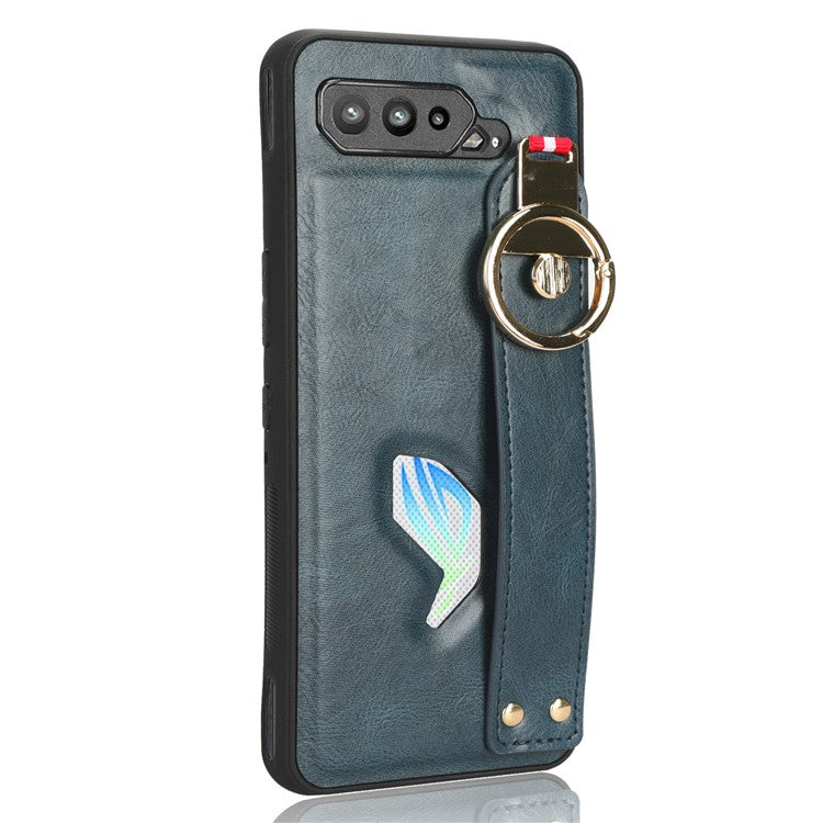 For Asus ROG Phone 5 ZS673KS Wristband Kickstand Cell Phone Cover PU Leather Coated PC+TPU Back Case with Neck Strap - Blue