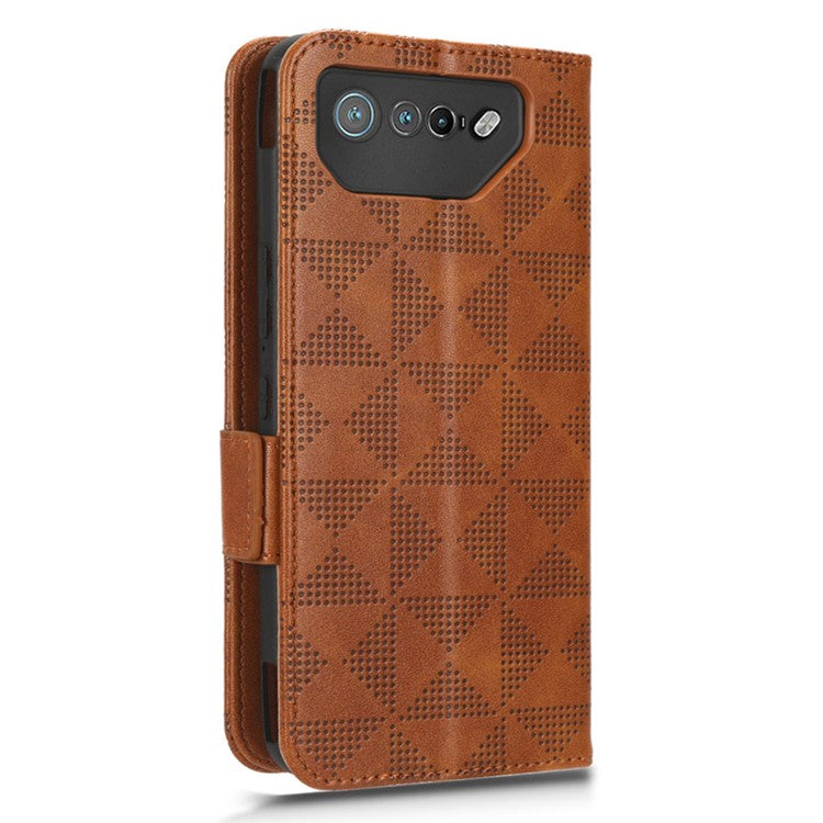For Asus ROG Phone 7 5G Cell Phone Wallet Case PU Leather Imprinted Triangle Stand Cover - Brown