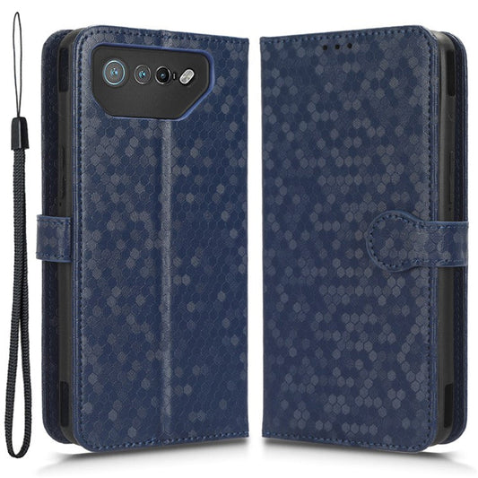 For Asus ROG Phone 7 5G Mobile Phone Wallet Case PU Leather Stand Dot Pattern Imprinted Phone Cover - Dark Blue