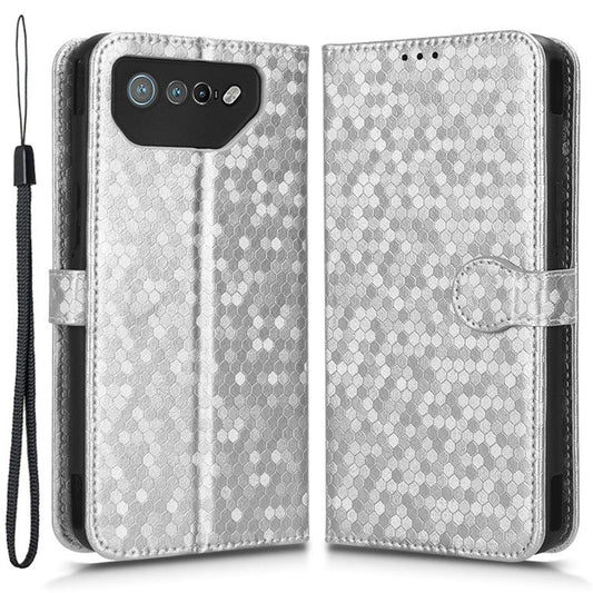 For Asus ROG Phone 7 5G Mobile Phone Wallet Case PU Leather Stand Dot Pattern Imprinted Phone Cover - Silver