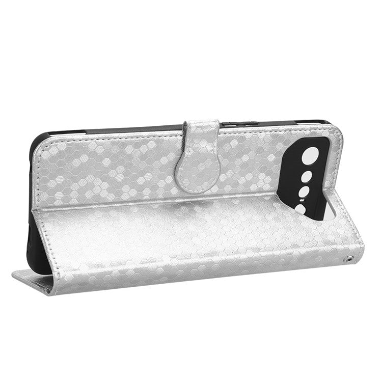 For Asus ROG Phone 7 5G Mobile Phone Wallet Case PU Leather Stand Dot Pattern Imprinted Phone Cover - Silver