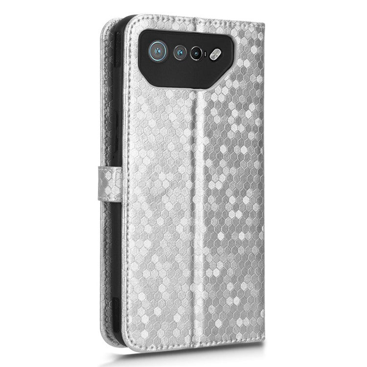 For Asus ROG Phone 7 5G Mobile Phone Wallet Case PU Leather Stand Dot Pattern Imprinted Phone Cover - Silver