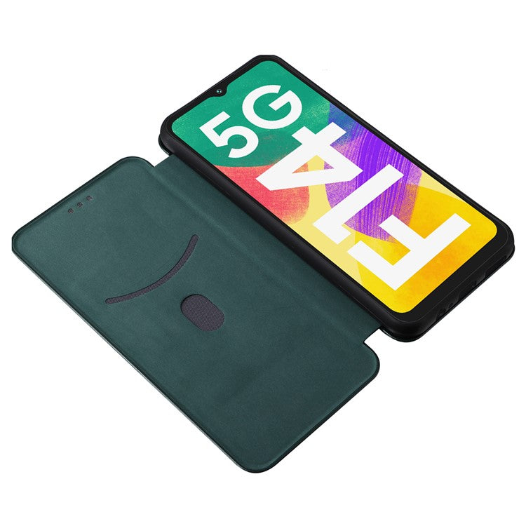 Phone Case for Samsung Galaxy F14 5G PU Leather Carbon Fiber Texture Stand Cover with Card Slot - Green