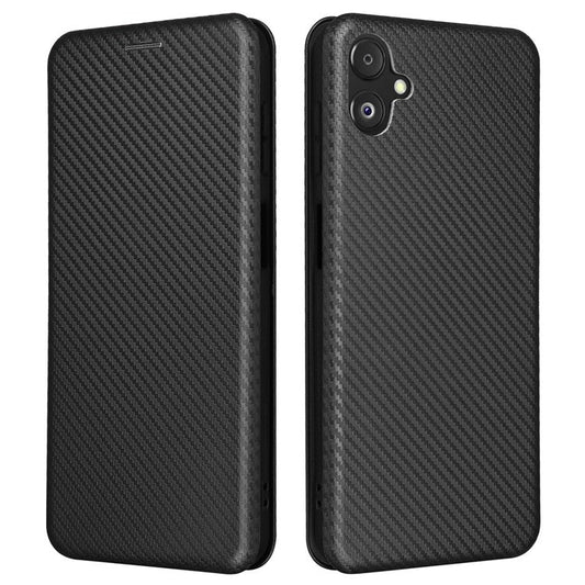 Phone Case for Samsung Galaxy F14 5G PU Leather Carbon Fiber Texture Stand Cover with Card Slot - Black
