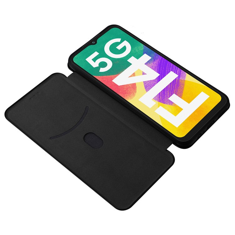 Phone Case for Samsung Galaxy F14 5G PU Leather Carbon Fiber Texture Stand Cover with Card Slot - Black