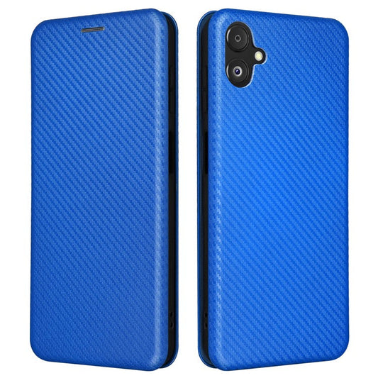 Phone Case for Samsung Galaxy F14 5G PU Leather Carbon Fiber Texture Stand Cover with Card Slot - Blue