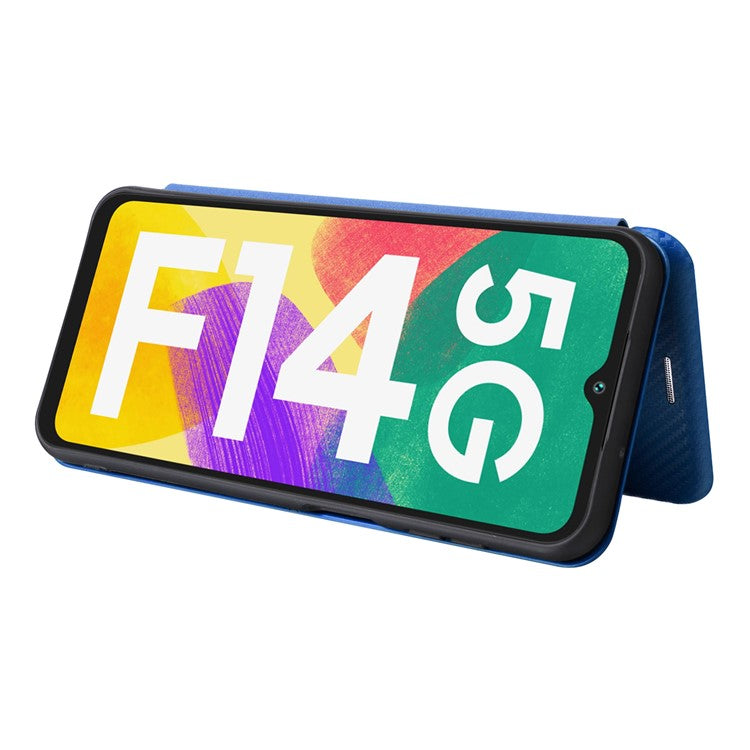 Phone Case for Samsung Galaxy F14 5G PU Leather Carbon Fiber Texture Stand Cover with Card Slot - Blue