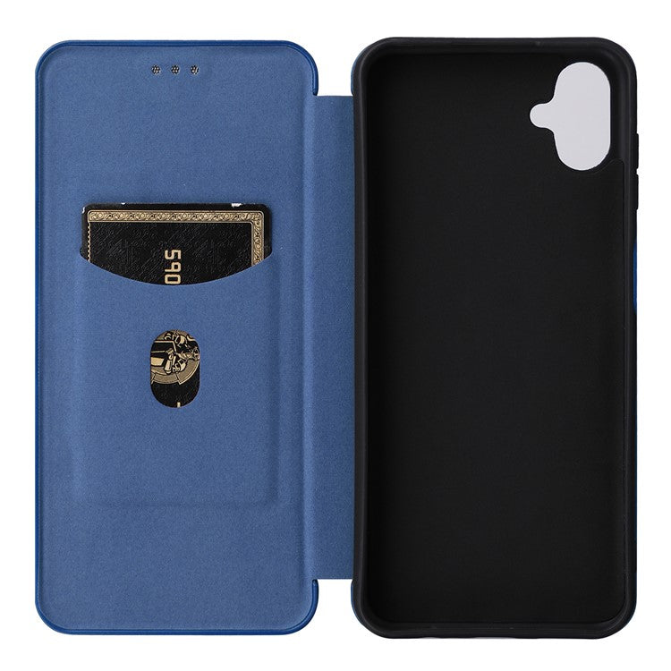 Phone Case for Samsung Galaxy F14 5G PU Leather Carbon Fiber Texture Stand Cover with Card Slot - Blue