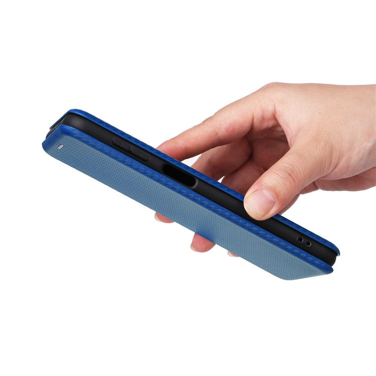 Phone Case for Samsung Galaxy F14 5G PU Leather Carbon Fiber Texture Stand Cover with Card Slot - Blue