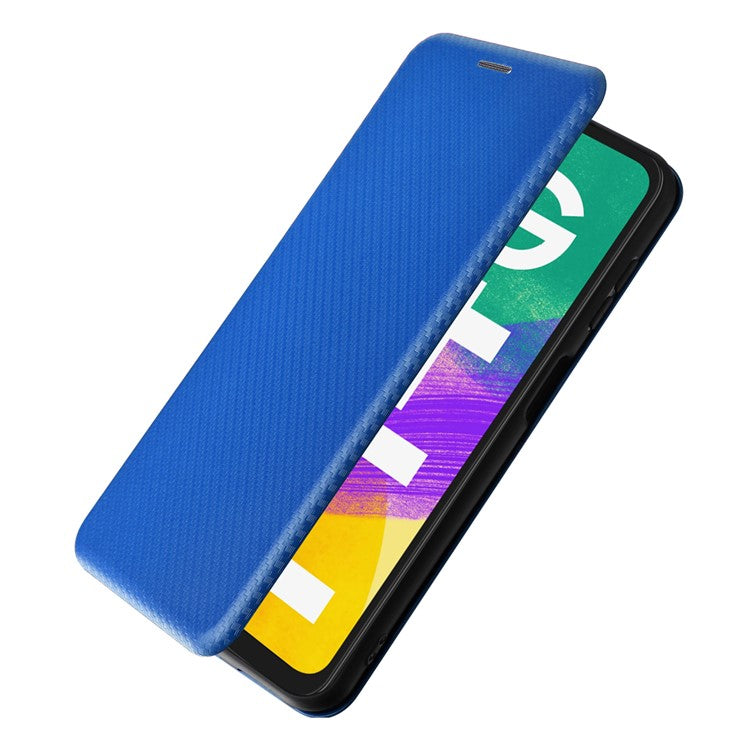 Phone Case for Samsung Galaxy F14 5G PU Leather Carbon Fiber Texture Stand Cover with Card Slot - Blue