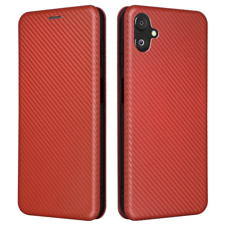 Phone Case for Samsung Galaxy F14 5G PU Leather Carbon Fiber Texture Stand Cover with Card Slot - Brown