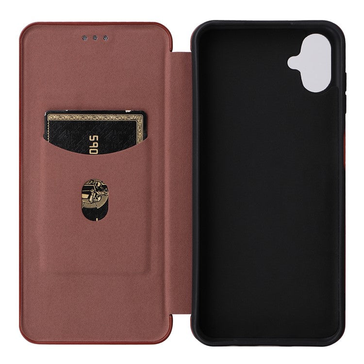Phone Case for Samsung Galaxy F14 5G PU Leather Carbon Fiber Texture Stand Cover with Card Slot - Brown
