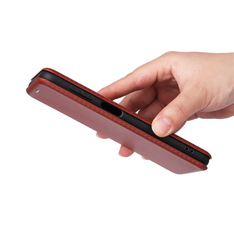 Phone Case for Samsung Galaxy F14 5G PU Leather Carbon Fiber Texture Stand Cover with Card Slot - Brown