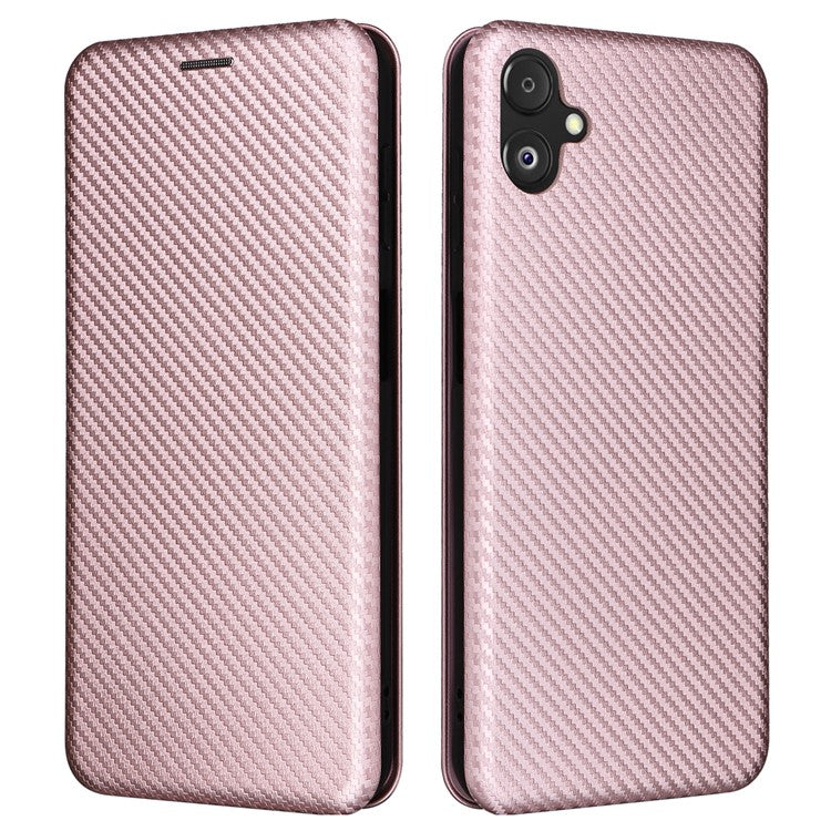 Phone Case for Samsung Galaxy F14 5G PU Leather Carbon Fiber Texture Stand Cover with Card Slot - Rose Gold