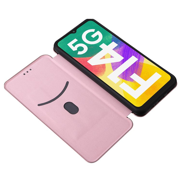Phone Case for Samsung Galaxy F14 5G PU Leather Carbon Fiber Texture Stand Cover with Card Slot - Rose Gold